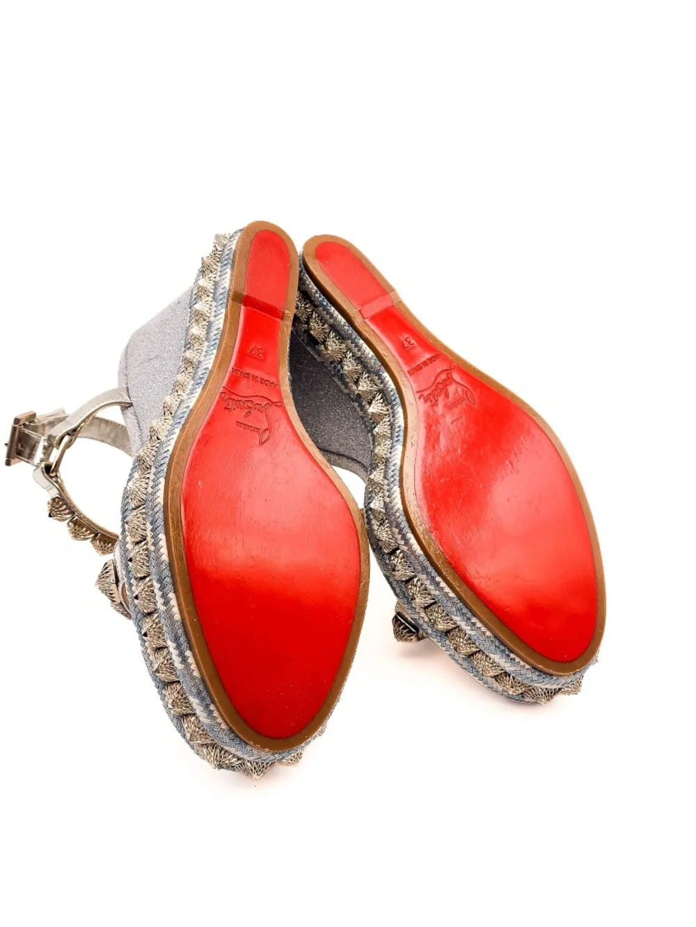Christian Louboutin Silver Glitter Studded Espadrille Platform Sandals EU 37